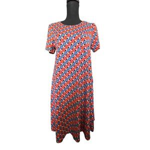 LuLaRoe LLR Carly Dress Size XS Blue/orange geo pattern short sleeved hi/lo cut